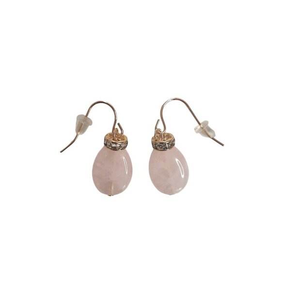 China Creation Chaps Rose Quartz Gemstone Drop Earrings with small Crystals - Picture 2 of 3